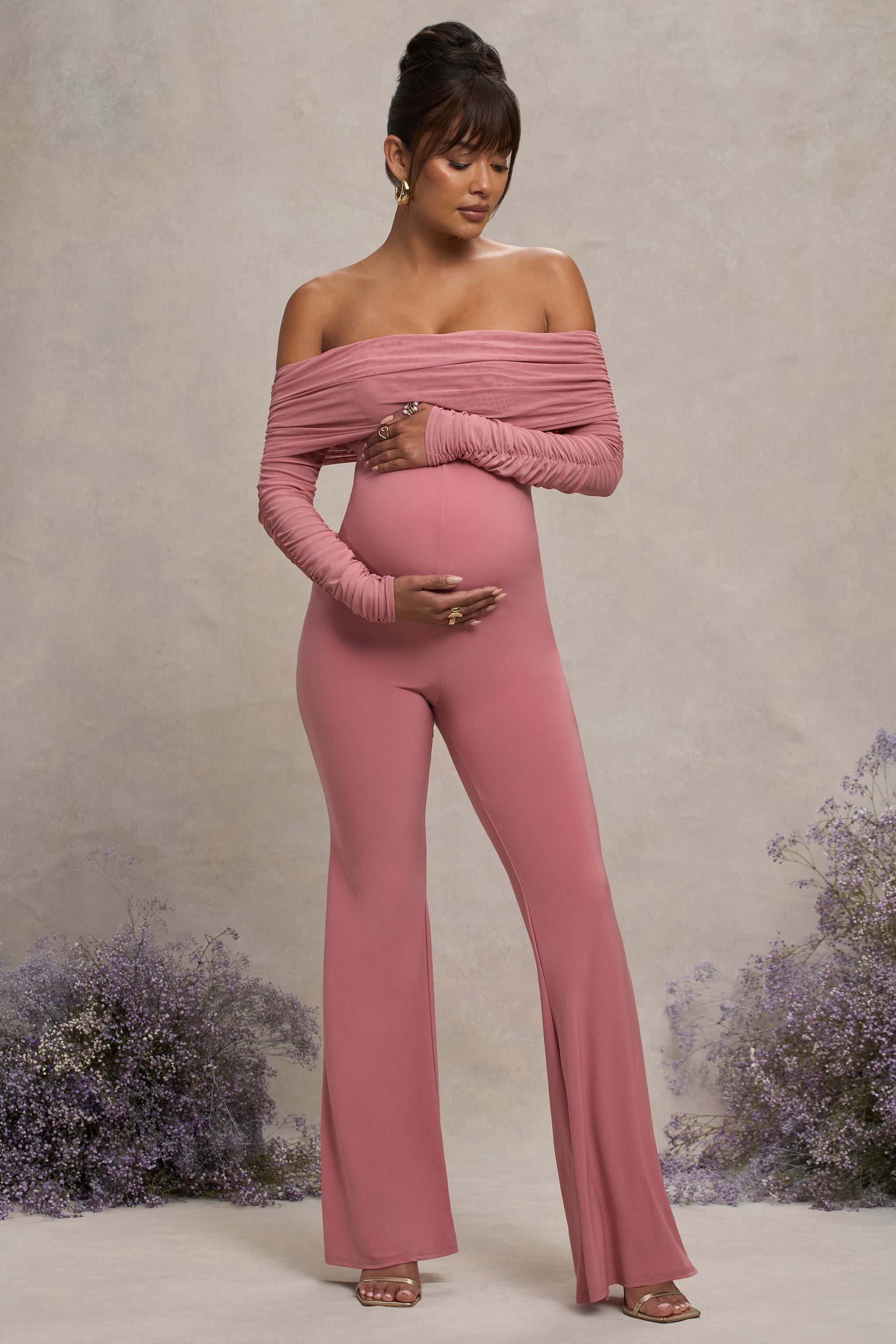 Blush Pink Maternity Ruched Mesh Bardot Jumpsuit