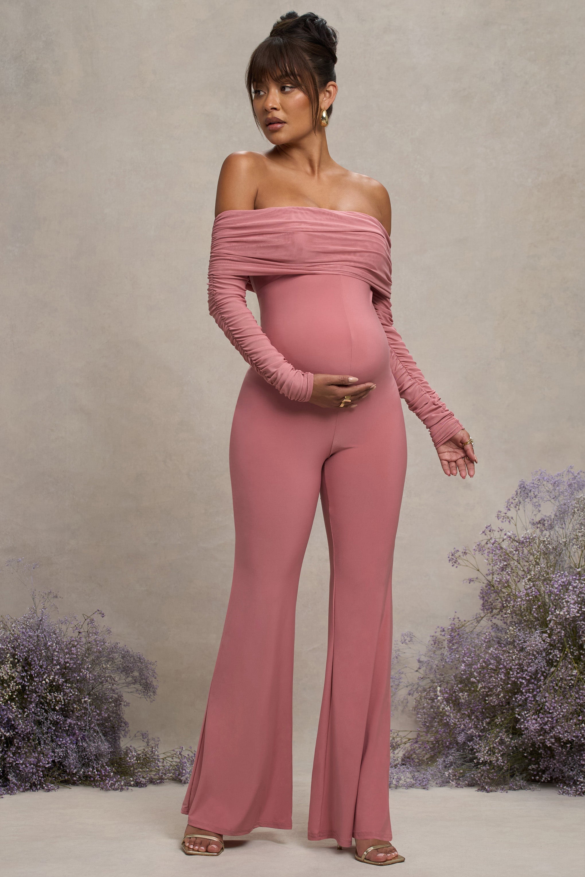 Blush Pink Maternity Ruched Mesh Bardot Jumpsuit