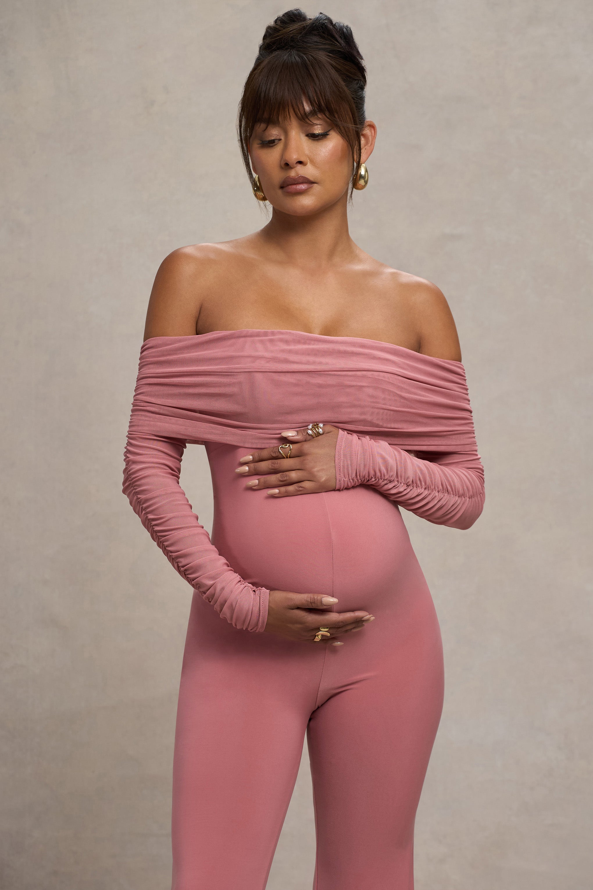 Blush Pink Maternity Ruched Mesh Bardot Jumpsuit