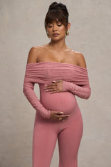 Blush Pink Maternity Ruched Mesh Bardot Jumpsuit