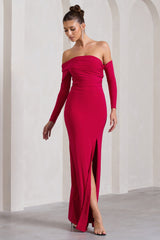 Red Bardot Ruched Maxi With Sleeves And Side Split