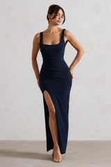 Navy Square Neck Maxi Dress with Plunge Back and Side Thigh Split