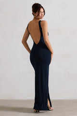 Navy Square Neck Maxi Dress with Plunge Back and Side Thigh Split