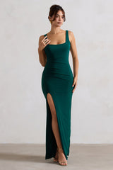 Bottle Green Square Neck Maxi Dress with Plunge Back and Side Thigh Split