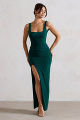 Bottle Green Square Neck Maxi Dress with Plunge Back and Side Thigh Split