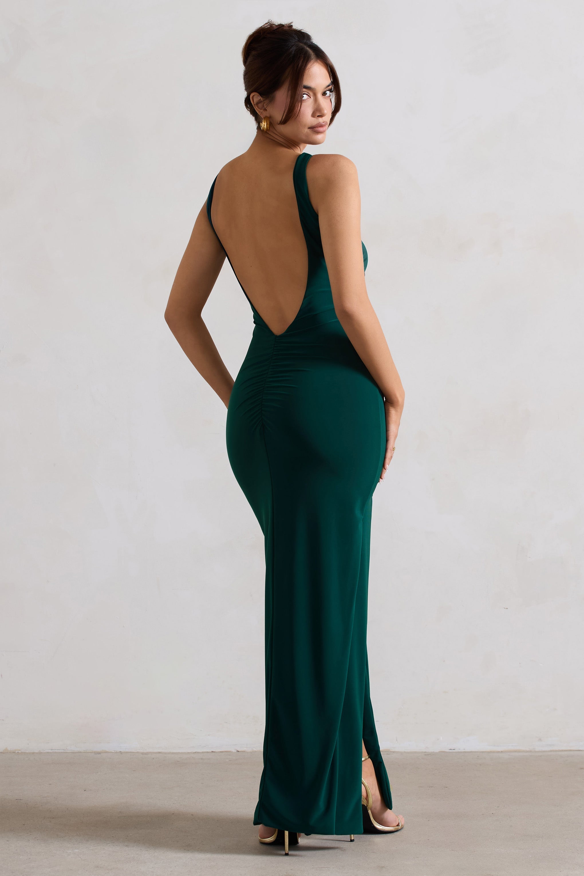 Bottle Green Square Neck Maxi Dress with Plunge Back and Side Thigh Split