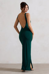 Bottle Green Square Neck Maxi Dress with Plunge Back and Side Thigh Split