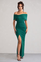 Green Bardot Bow Detail Maxi Dress With Thigh Split