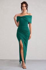 Green Bardot Bow Detail Maxi Dress With Thigh Split