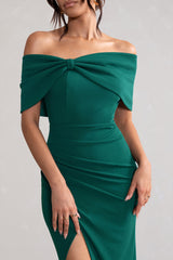 Green Bardot Bow Detail Maxi Dress With Thigh Split