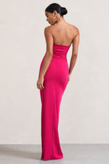 Hot Pink Bandeau Maxi Dress With Split Hem