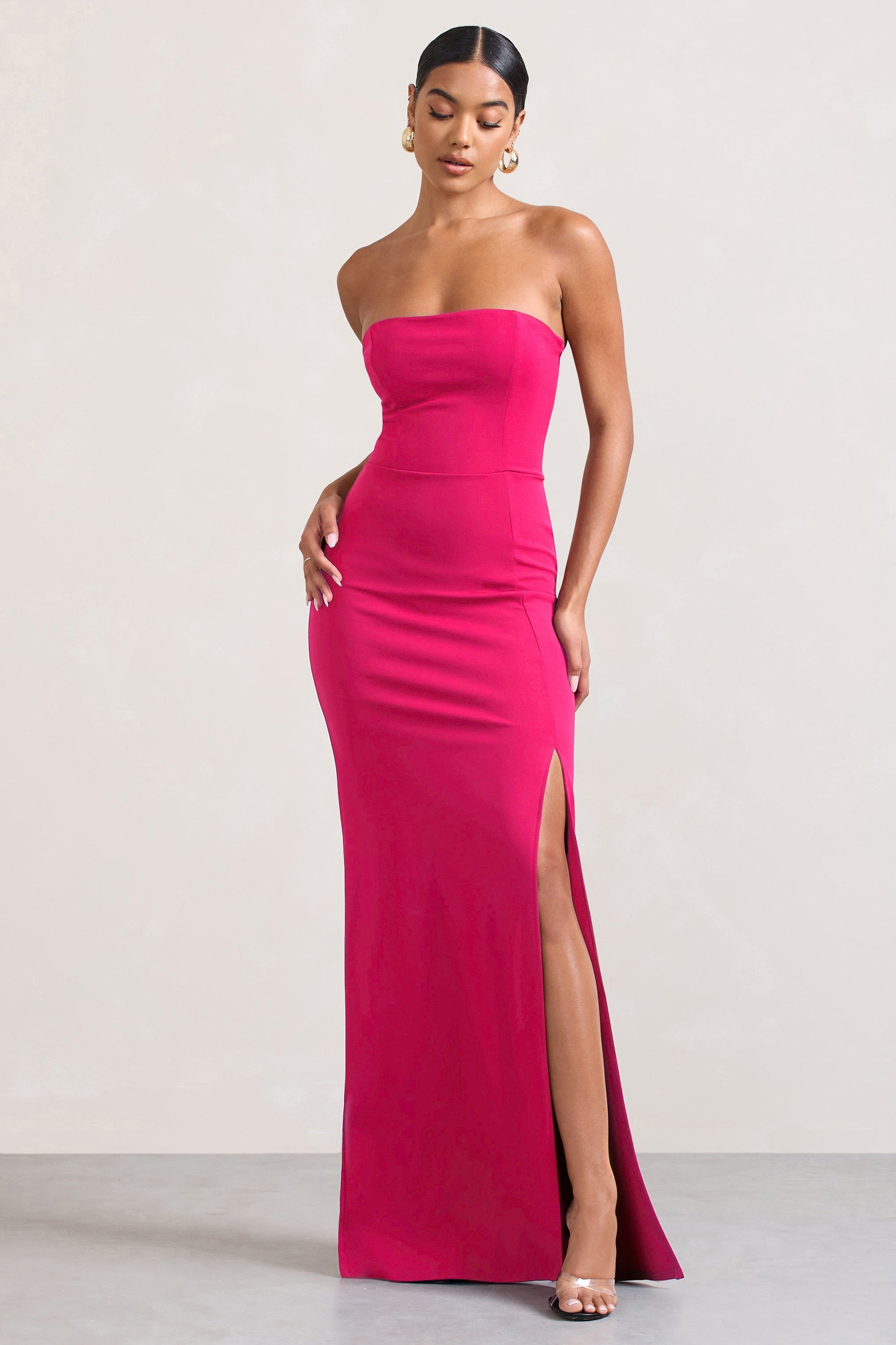 Hot Pink Bandeau Maxi Dress With Split Hem