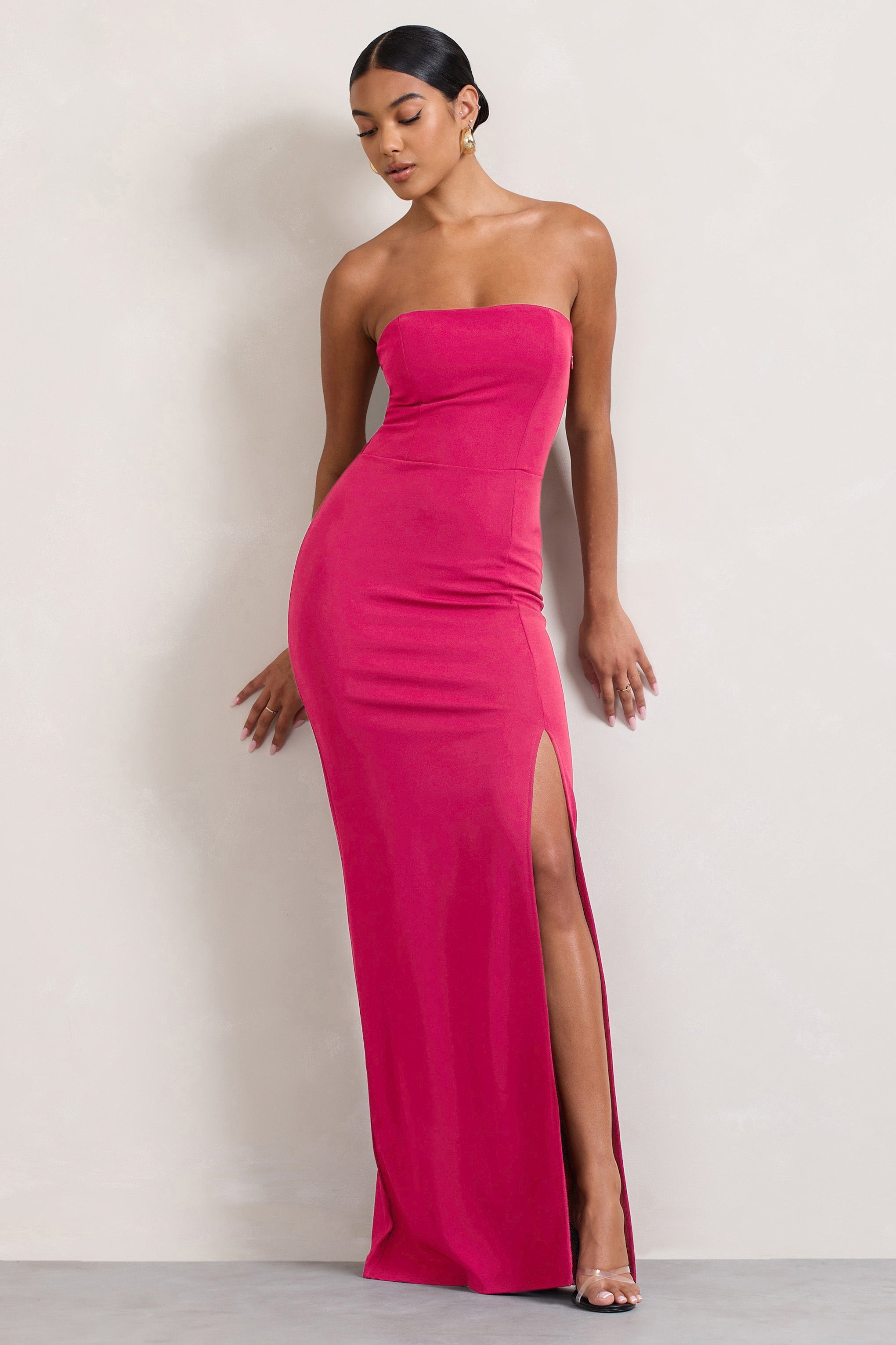 Hot Pink Bandeau Maxi Dress With Split Hem