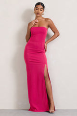 Hot Pink Bandeau Maxi Dress With Split Hem