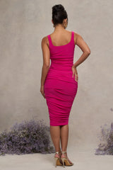 Hot Pink Maternity Square Neck Ruched Midi Dress