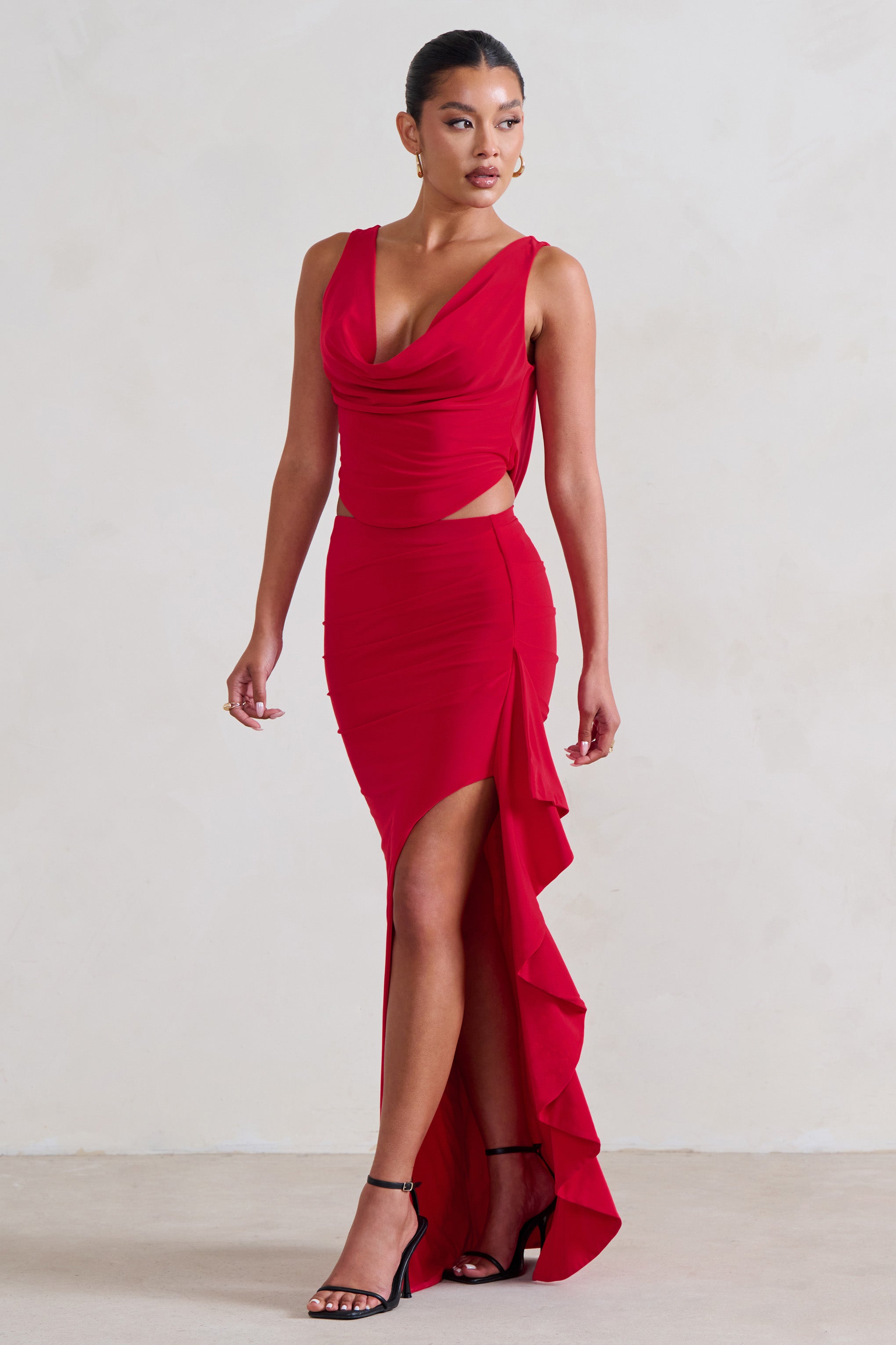 Red Ruffle Maxi Skirt With Thigh Split