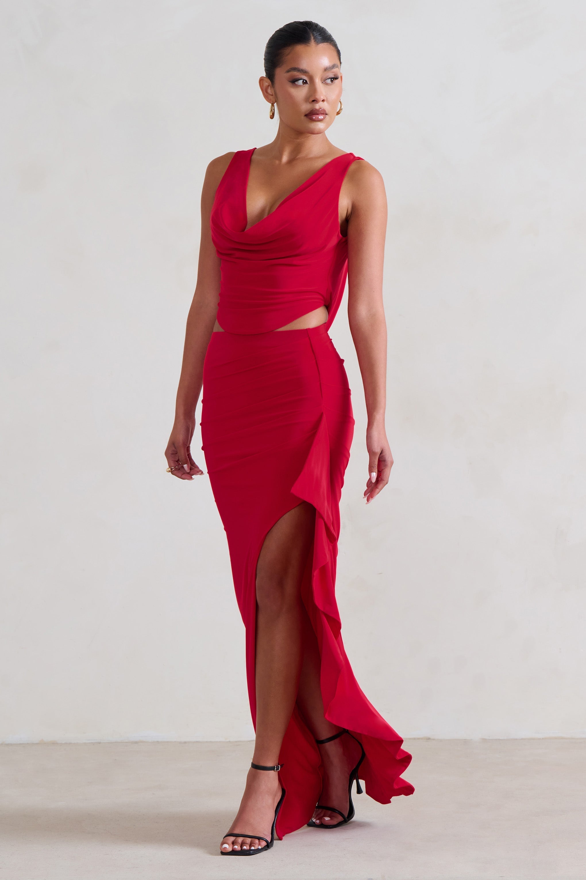 Red Ruffle Maxi Skirt With Thigh Split