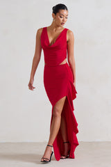 Red Ruffle Maxi Skirt With Thigh Split