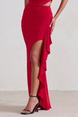 Red Ruffle Maxi Skirt With Thigh Split