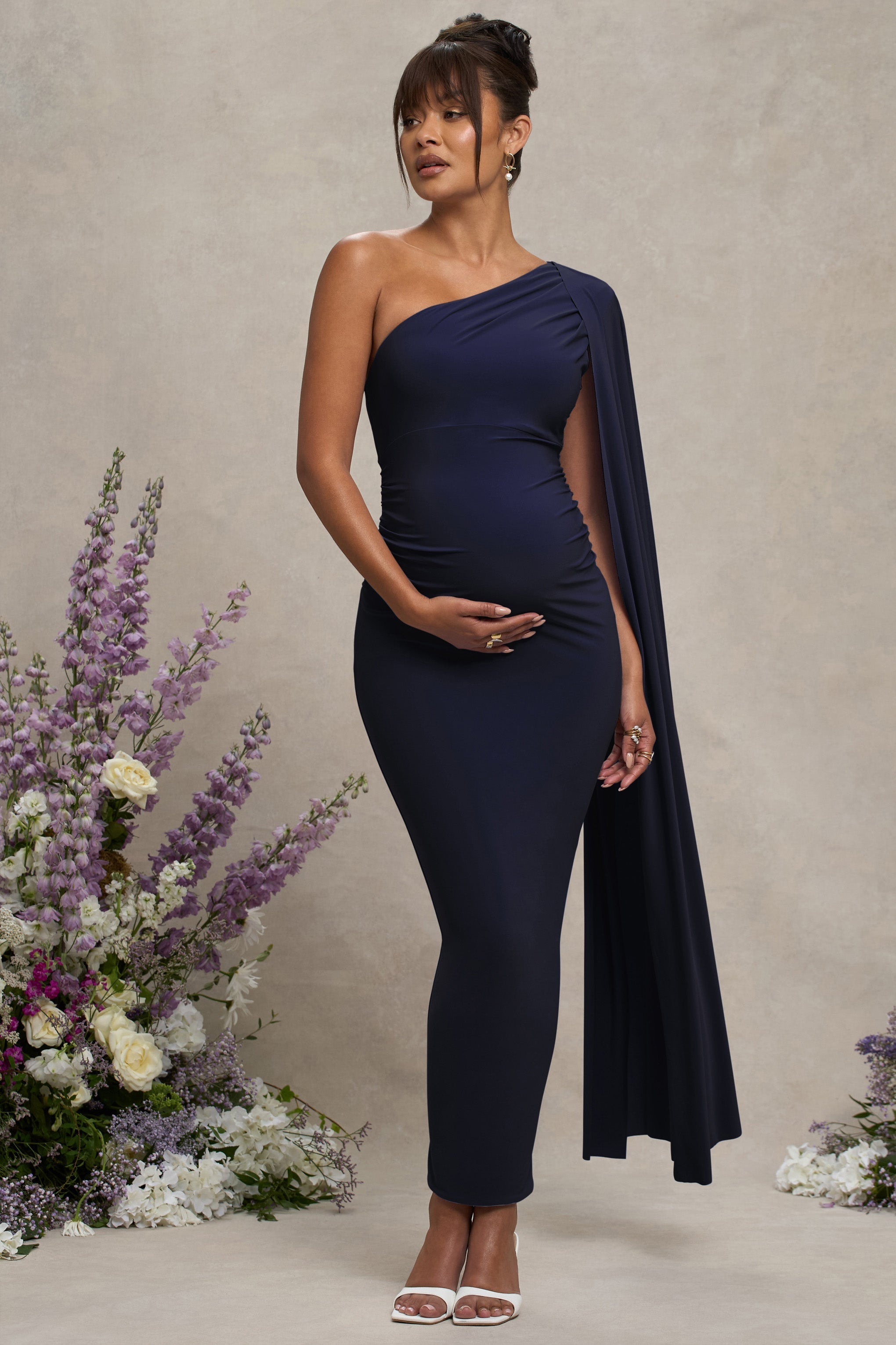 Navy Maternity One Shoulder Maxi Dress with Cape Sleeve