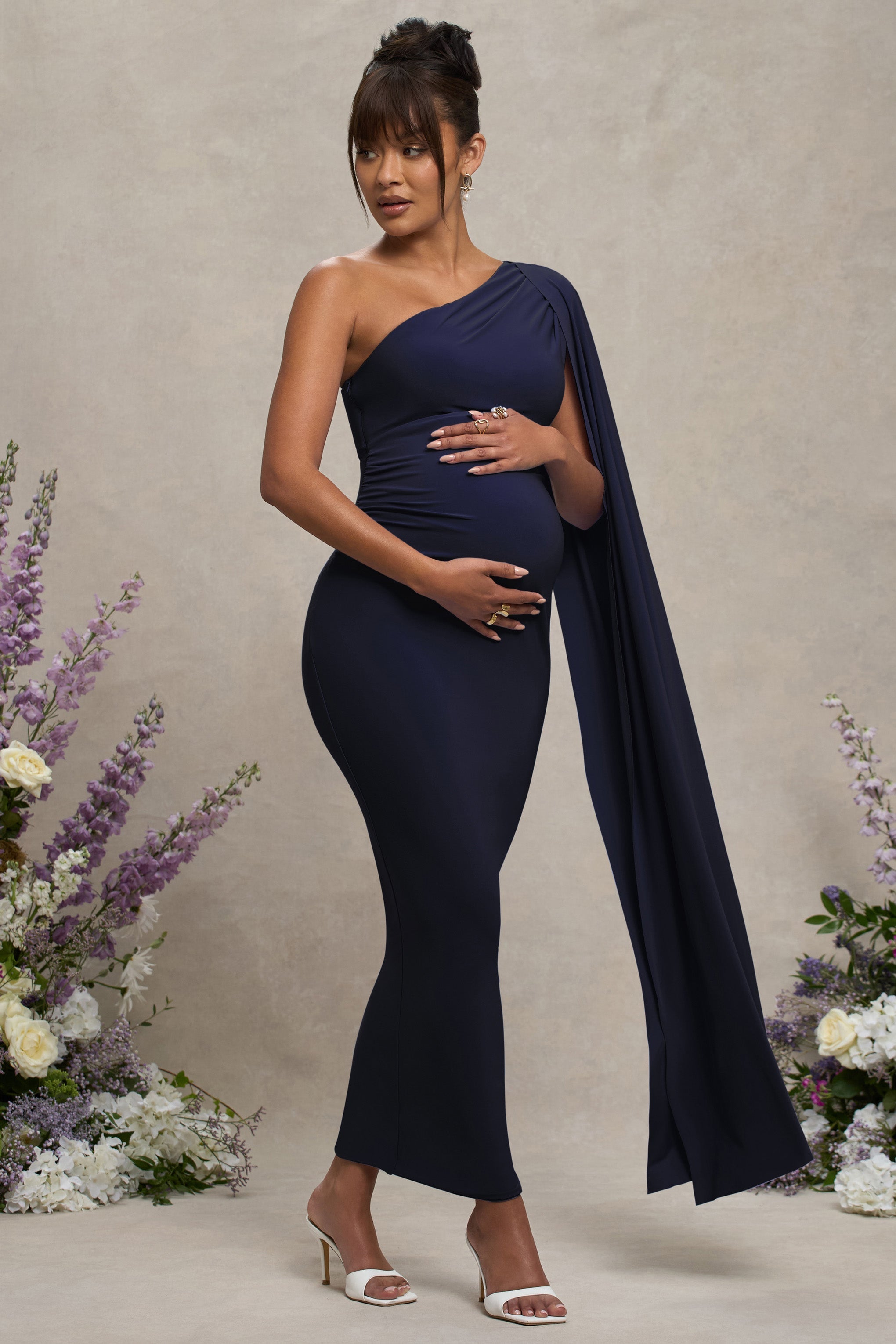 Navy Maternity One Shoulder Maxi Dress with Cape Sleeve