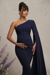 Navy Maternity One Shoulder Maxi Dress with Cape Sleeve