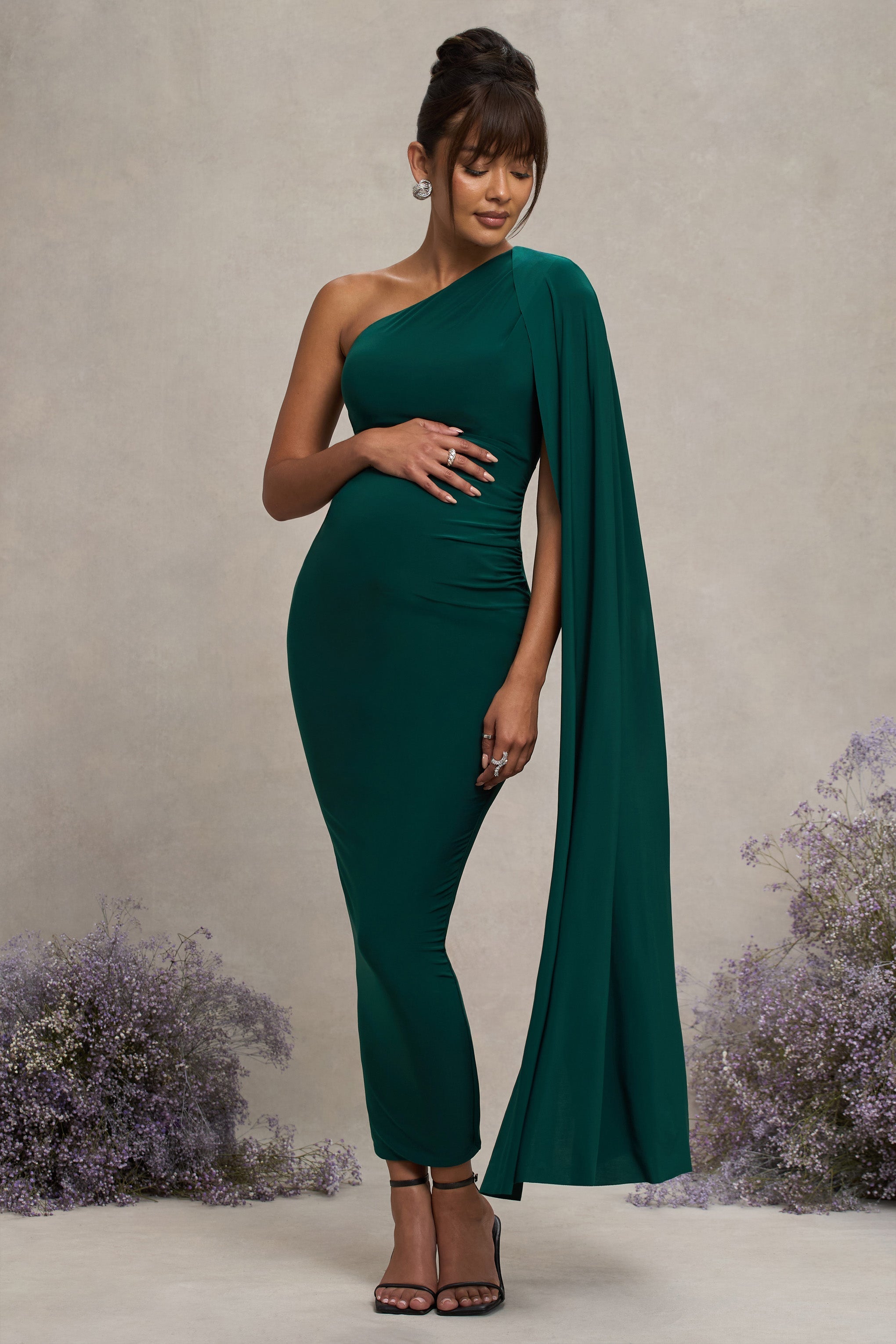 Bottle Green Maternity One Shoulder Maxi Dress with Cape Sleeve