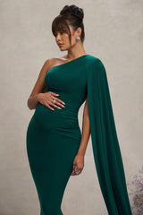 Bottle Green Maternity One Shoulder Maxi Dress with Cape Sleeve