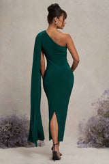 Bottle Green Maternity One Shoulder Maxi Dress with Cape Sleeve