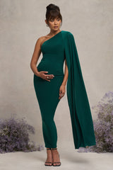 Bottle Green Maternity One Shoulder Maxi Dress with Cape Sleeve