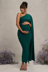 Bottle Green Maternity One Shoulder Maxi Dress with Cape Sleeve