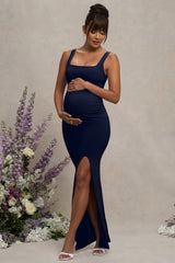 Navy Square Neck Maternity Maxi Dress with Split
