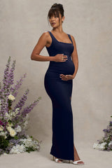Navy Square Neck Maternity Maxi Dress with Split