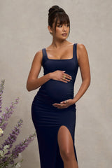 Navy Square Neck Maternity Maxi Dress with Split
