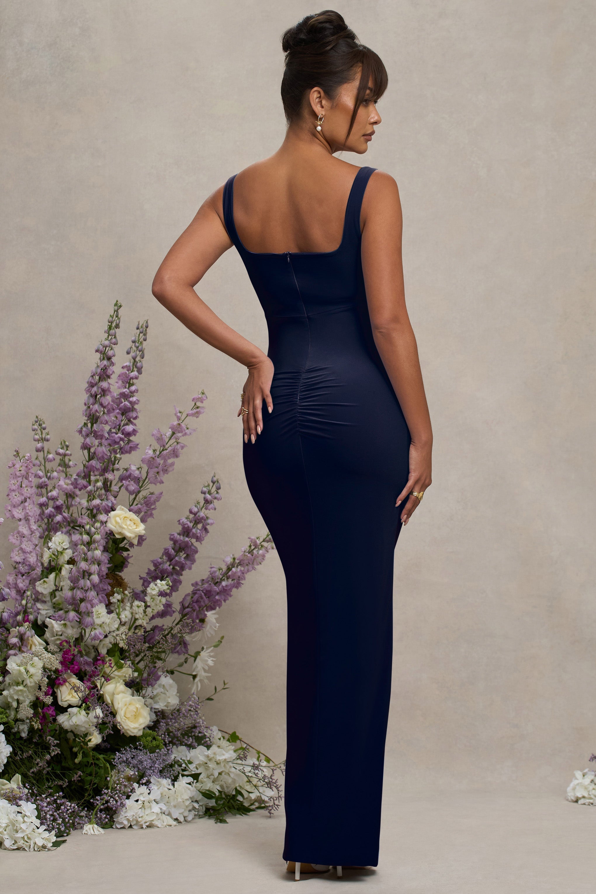 Navy Square Neck Maternity Maxi Dress with Split
