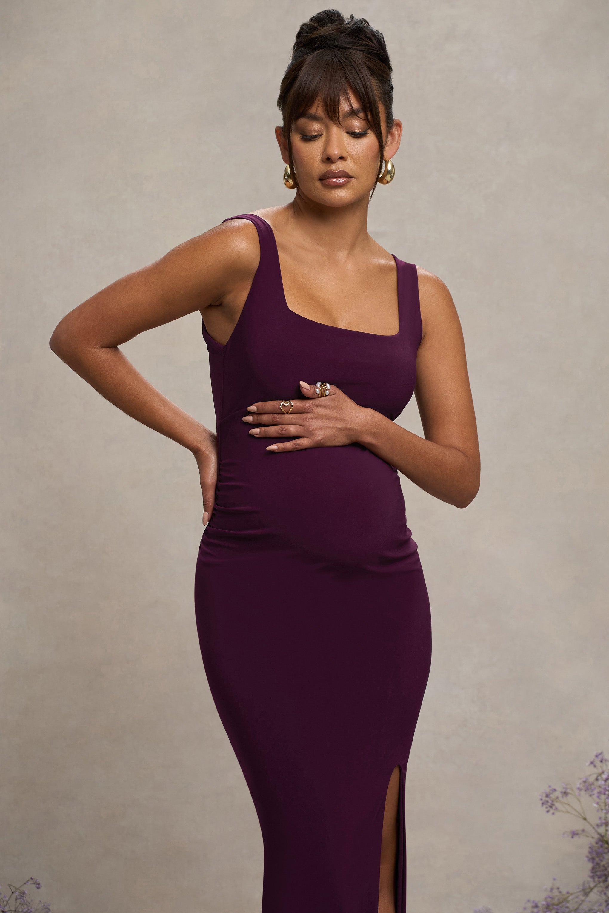 Plum Square Neck Maternity Maxi Dress with Split