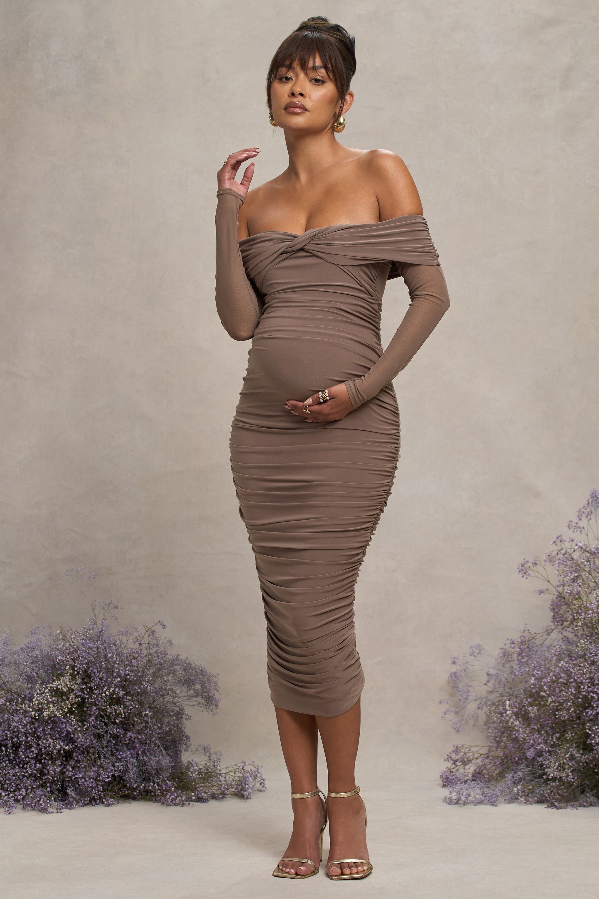 Mocha Bardot Twist Maternity Midi Dress