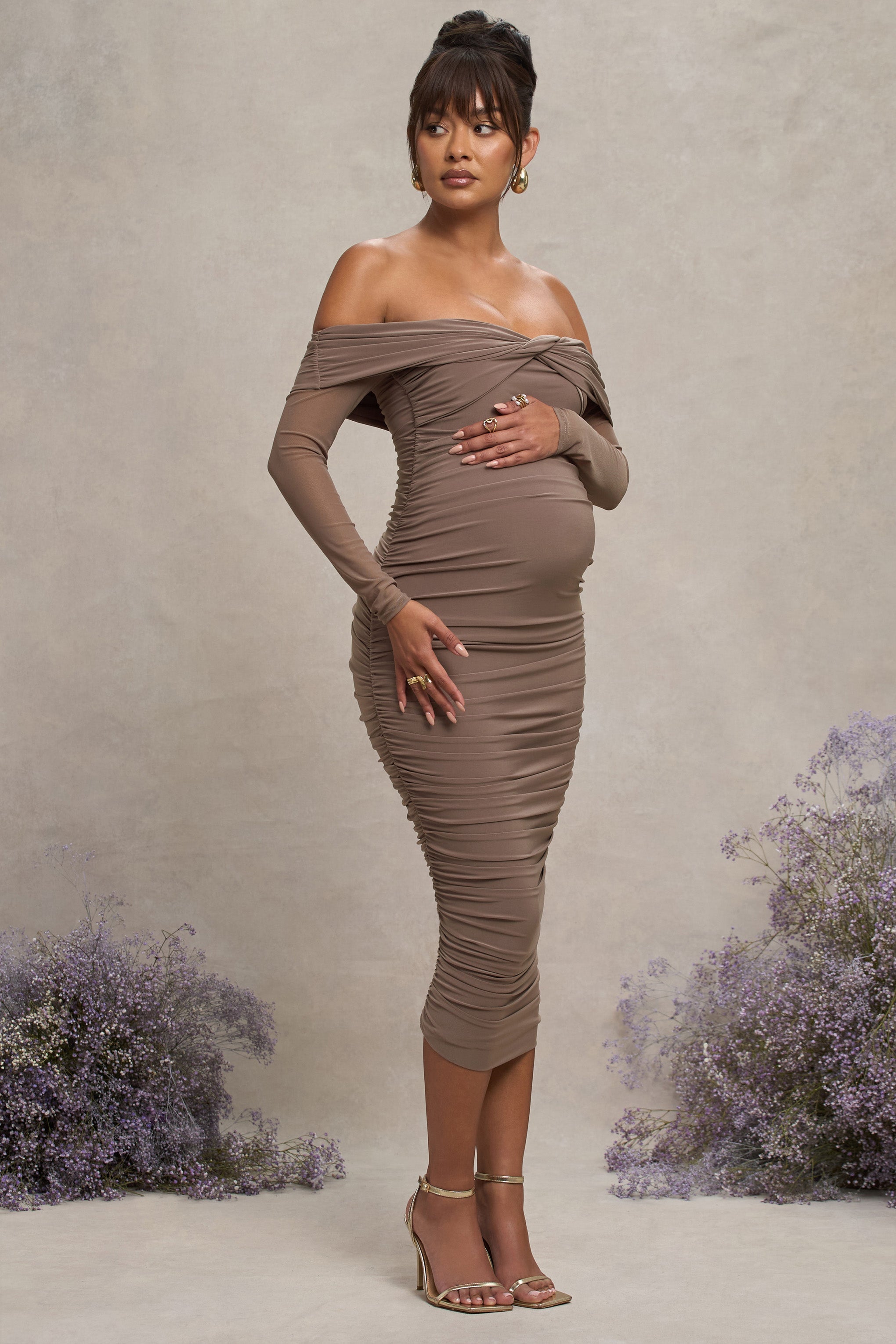 Mocha Bardot Twist Maternity Midi Dress