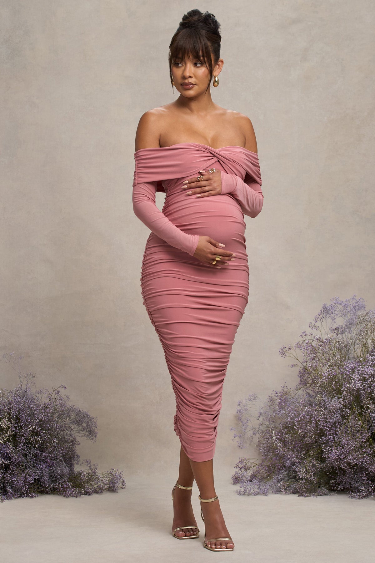 Blush Bardot Twist Maternity Midi Dress