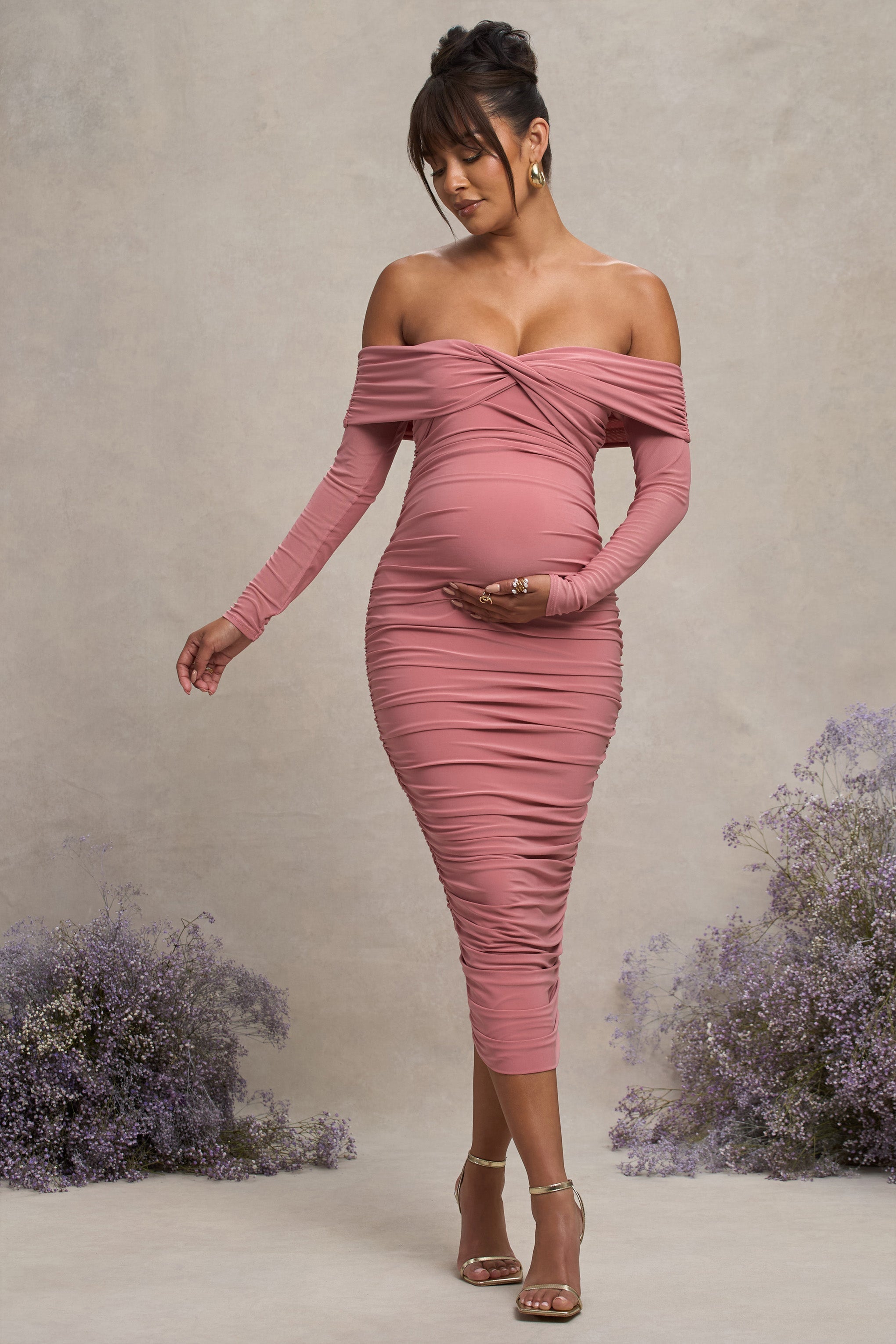 Blush Bardot Twist Maternity Midi Dress