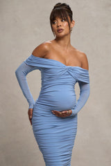 Powder Blue Bardot Twist Maternity Midi Dress