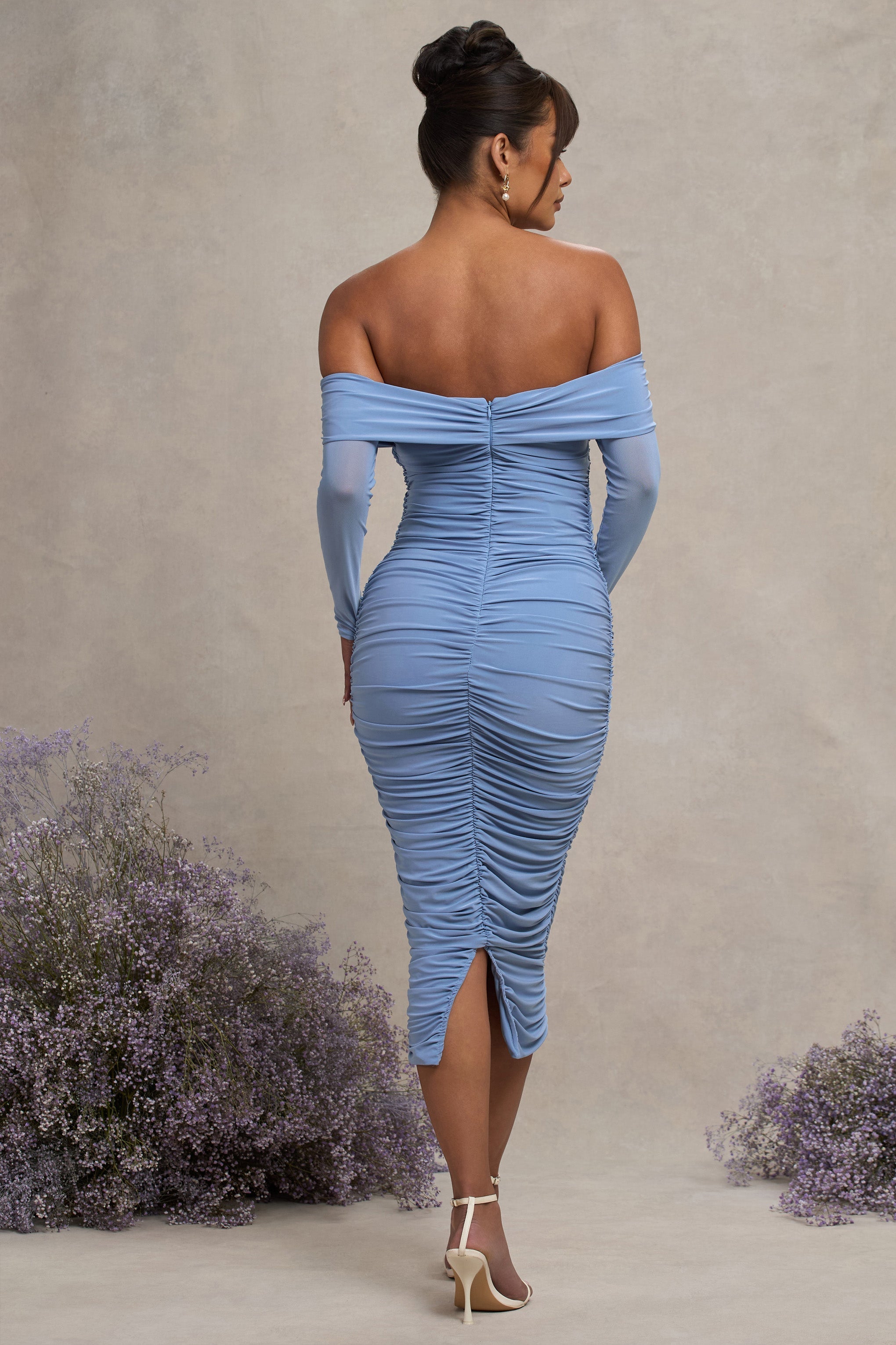 Powder Blue Bardot Twist Maternity Midi Dress