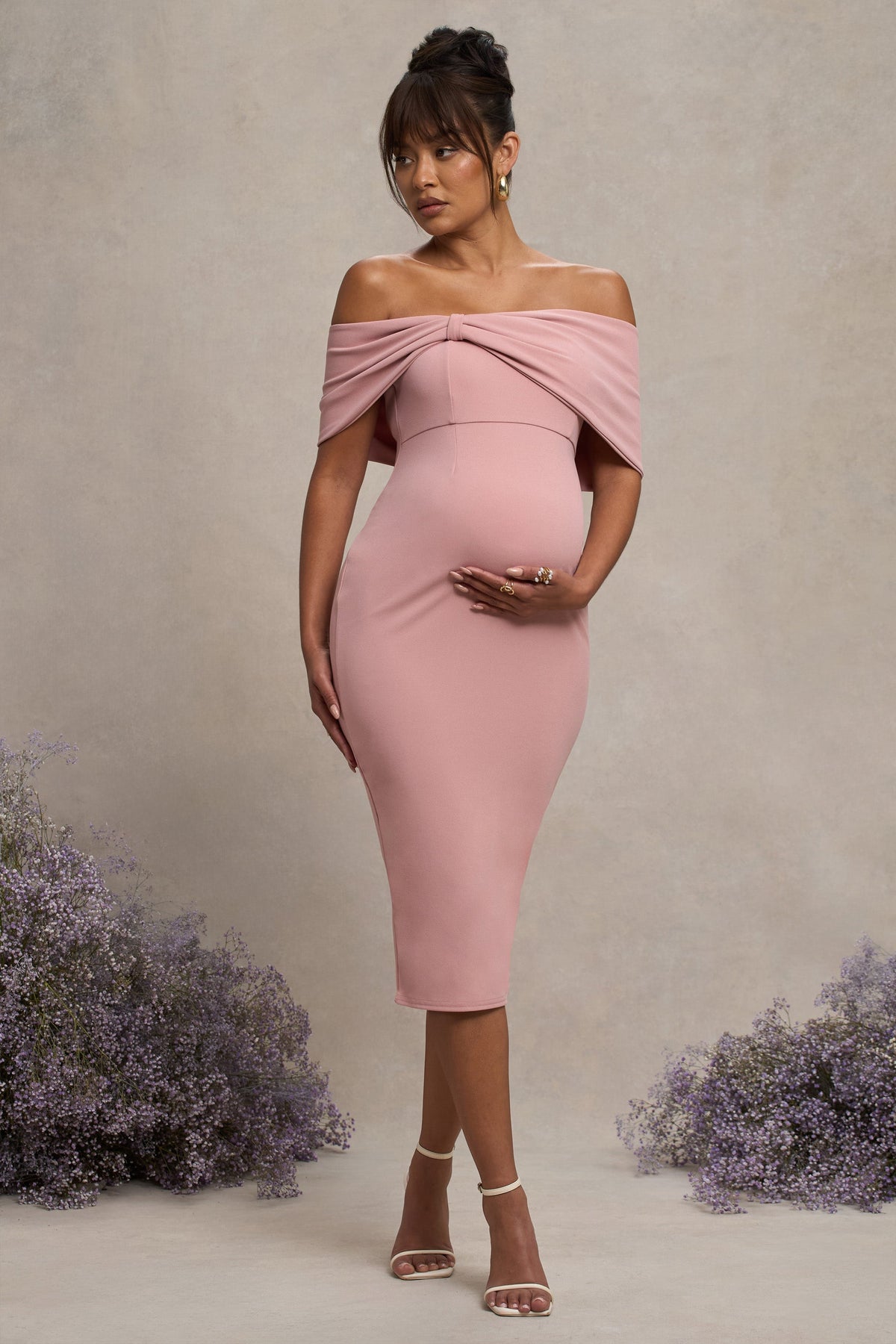 Blush Bardot Bow Maternity Midi Dress with Ruching