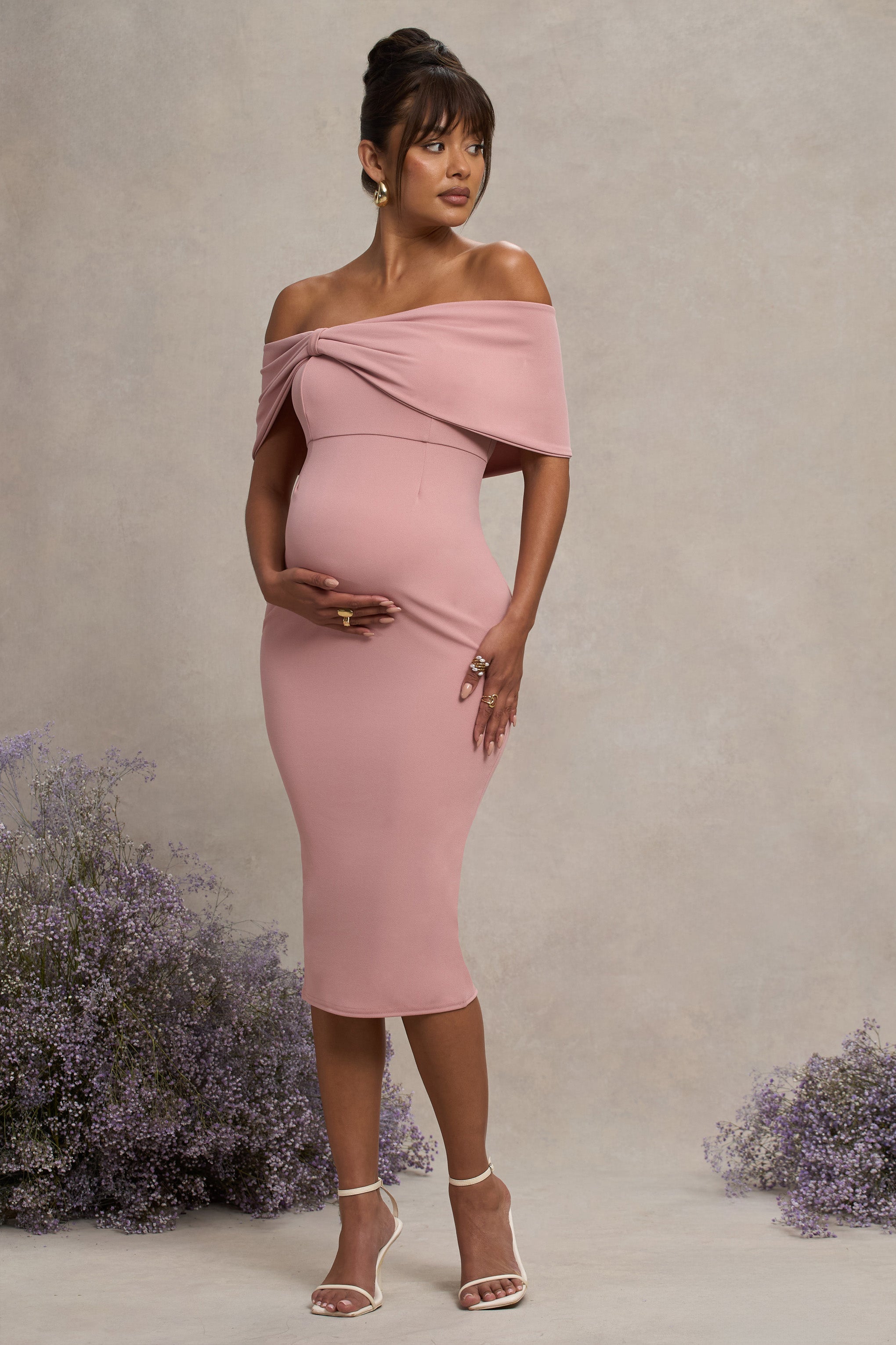 Blush Bardot Bow Maternity Midi Dress with Ruching
