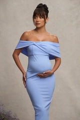 Powder Blue Bardot Bow Maternity Midi Dress with Ruching