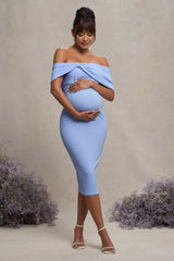 Powder Blue Bardot Bow Maternity Midi Dress with Ruching
