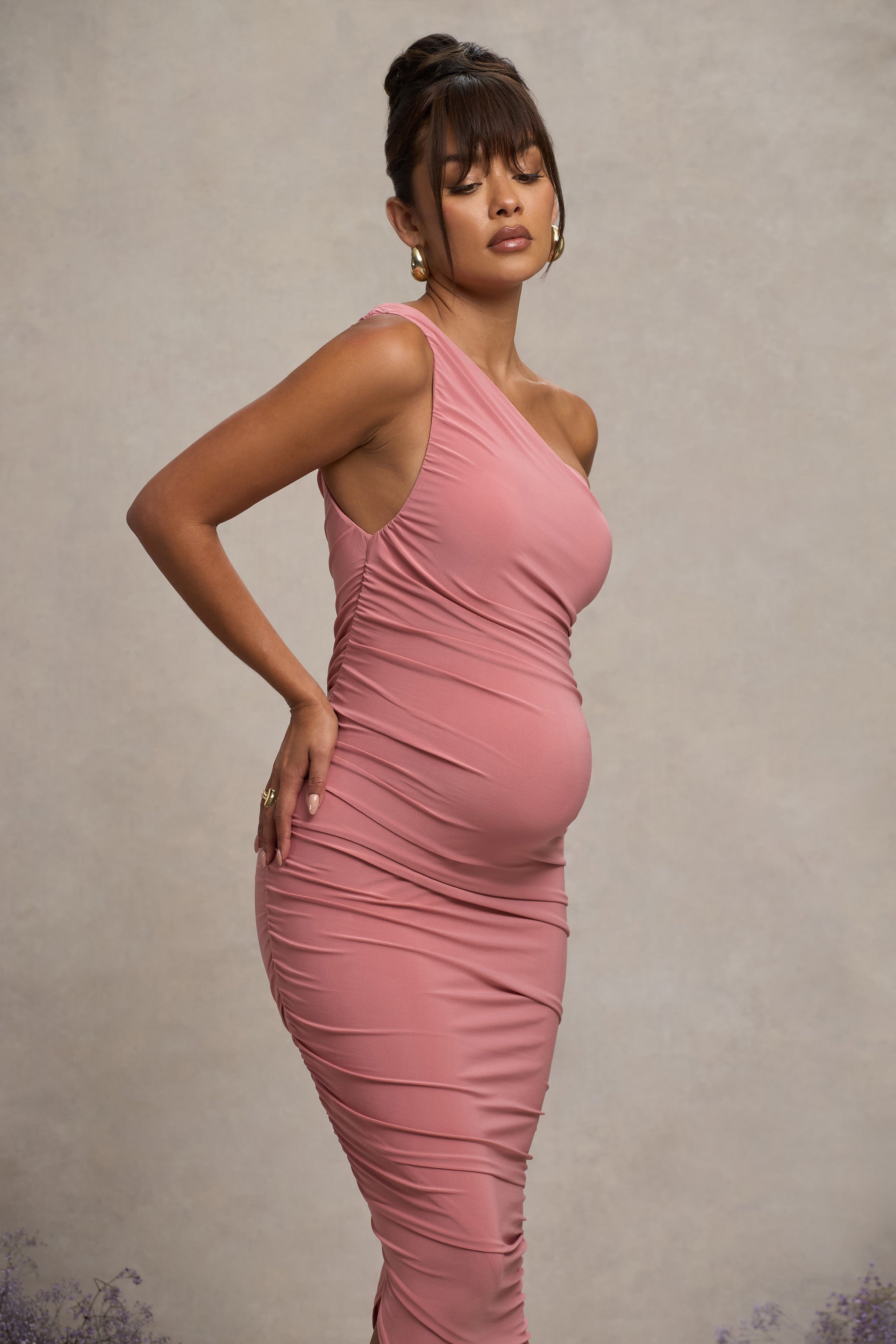 Blush Pink Maternity Ruched One Shoulder Midi Dress