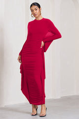 Red Long Sleeve Ruched Maxi Dress with Cape Detailing