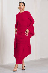 Red Long Sleeve Ruched Maxi Dress with Cape Detailing