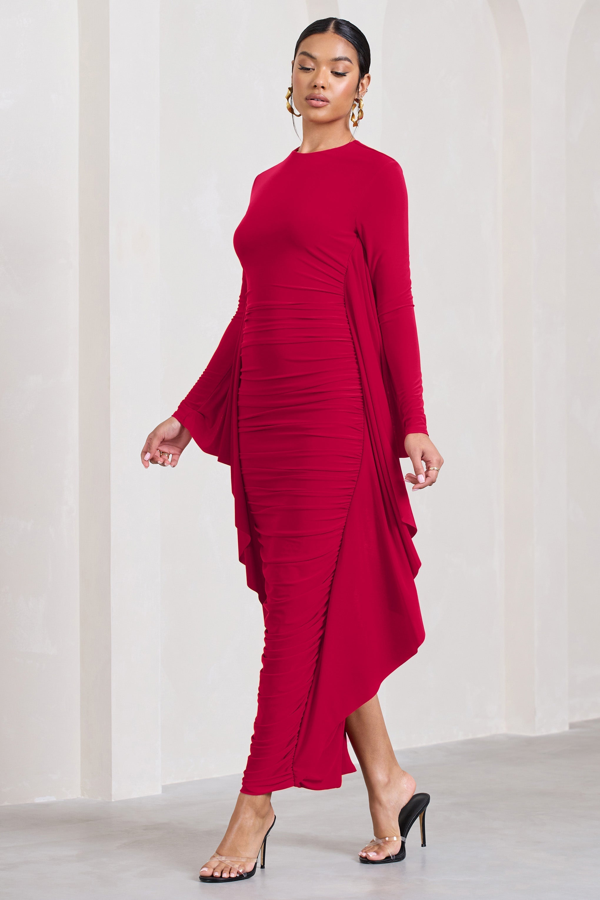 Red Long Sleeve Ruched Maxi Dress with Cape Detailing